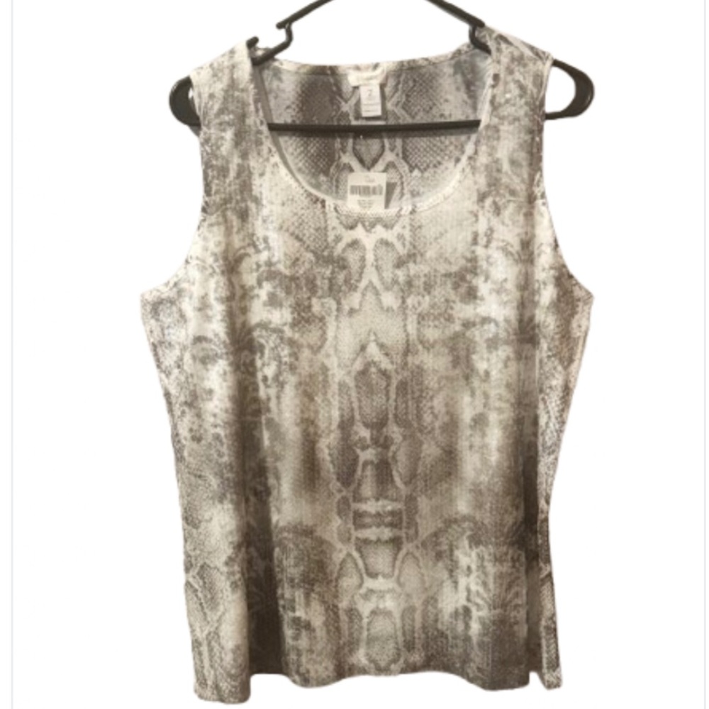 Chicos Neutral Batik Sequined Snake Print Tank Top Sage Green and Cream